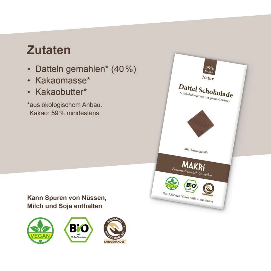 MAKRi Dattel Schokolade Natur 59% Kakao 85g Bio