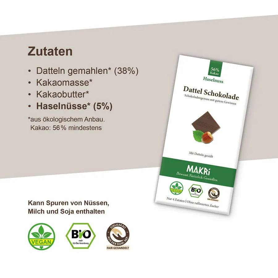 MAKRi Dattel Schokolade Haselnuss 56% Kakao 85g Bio