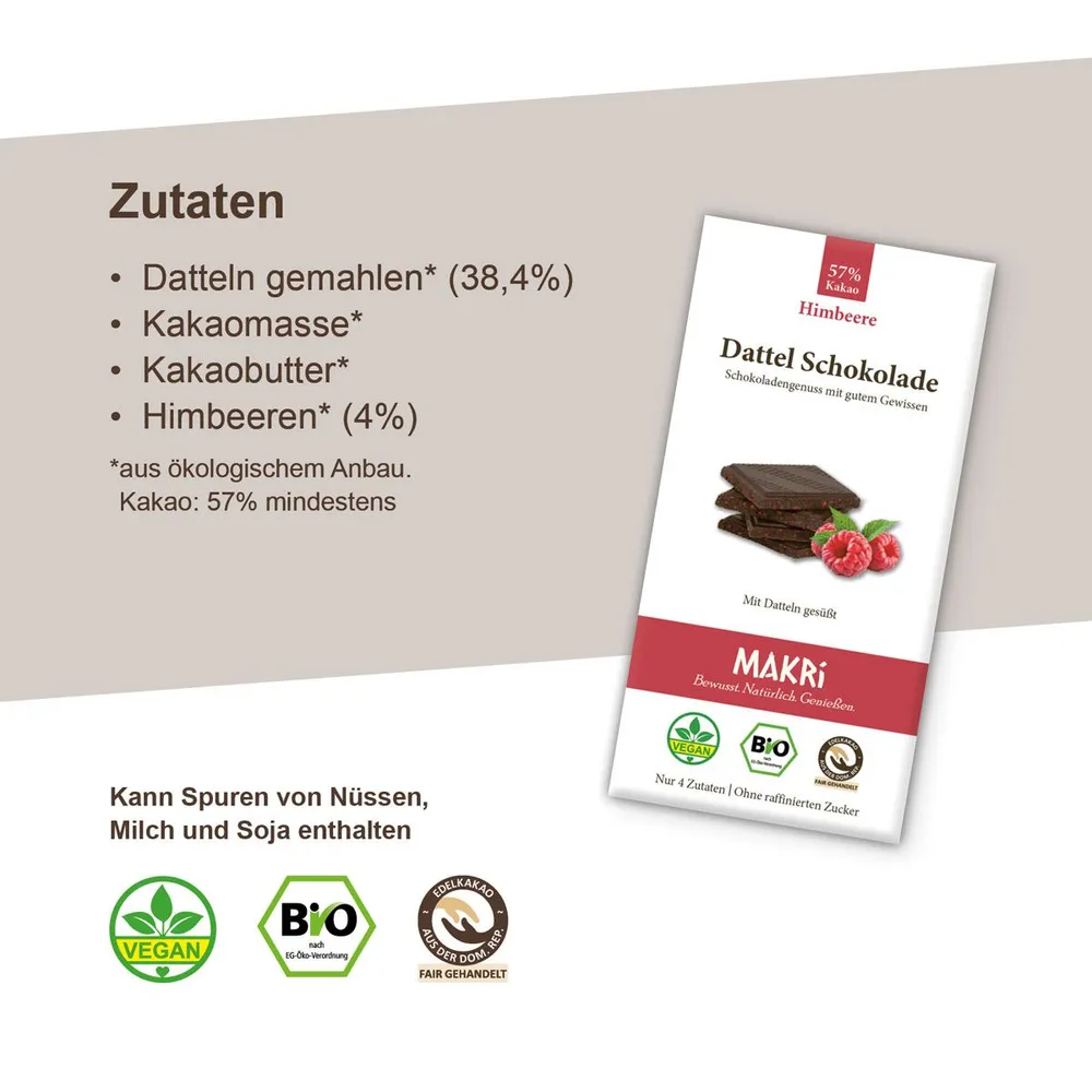 MAKRi Dattel Schokolade Himbeere 57% Kakao 85g Bio